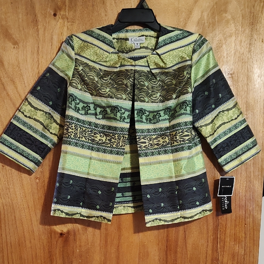 NWT K Studio Collection Metallic Open Front Jacket ¾-Sleeve Green Black Gray 12